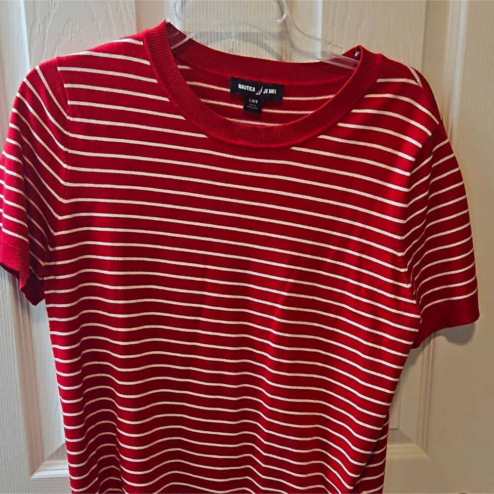 Nautica Jeans Women’s L Regular Red White Striped Knit Crew Neck Short Sleeve